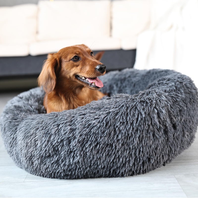 nononfish Calming Donut Dogs Beds for Medium Dogs up to 45 lb,30inch Anti-Slip Plush Round Dog Bed with Raised Rim,Fluffy Faux Fur Pet Bed for Cozy Sleep,Dark Grey - Image 2